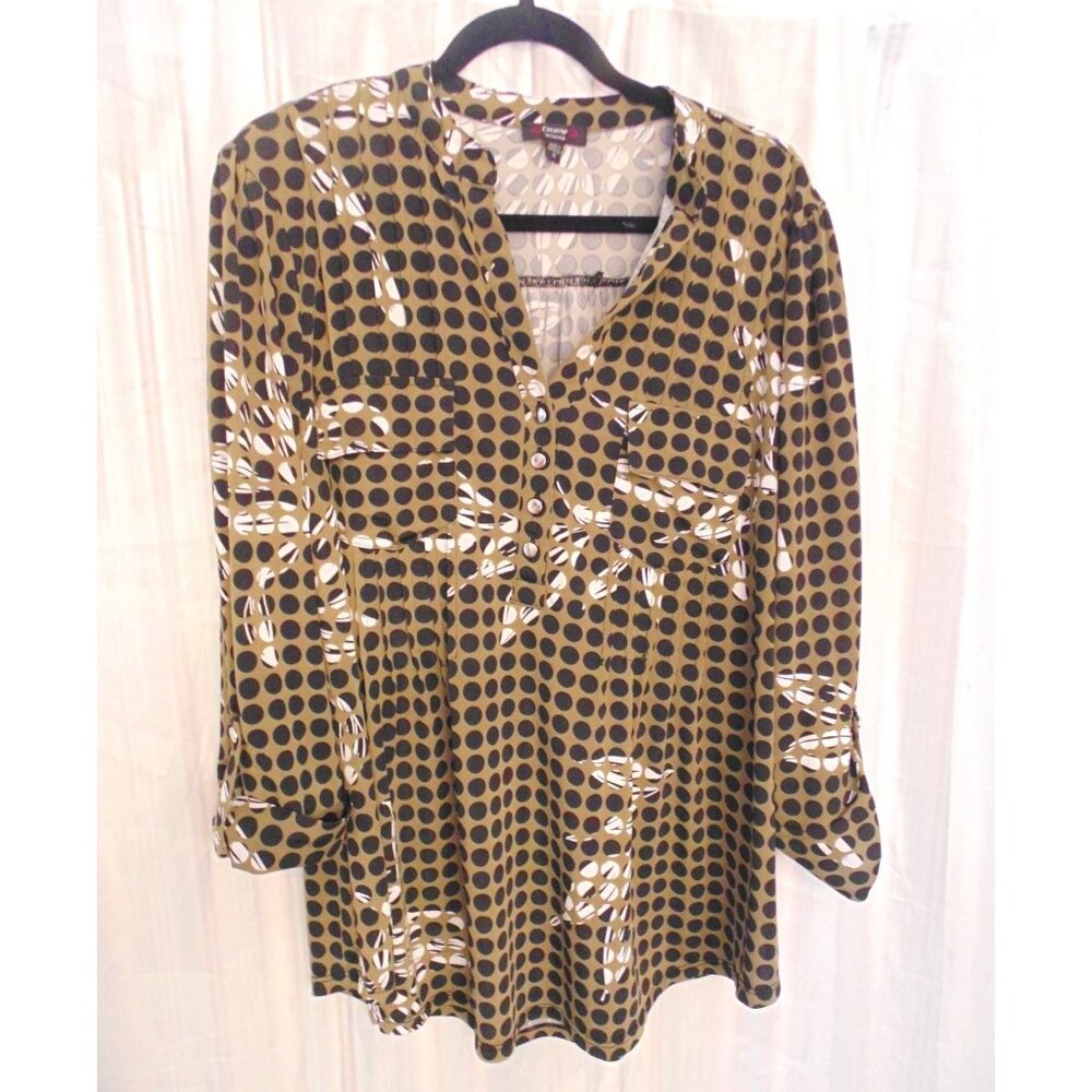 Cocomo Womens Tunic Top Size 1X Brown Black Polka Dot 3/4 Sleeve Pleated Stretch